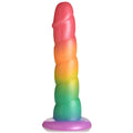 Curve Toys Swirl Rainbow Silicone Dildo: A textured, spiral-patterned phallic toy in a shimmering rainbow gradient.