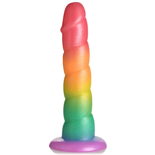Curve Toys Swirl Rainbow Silicone Dildo: A textured, spiral-patterned phallic toy in a shimmering rainbow gradient.