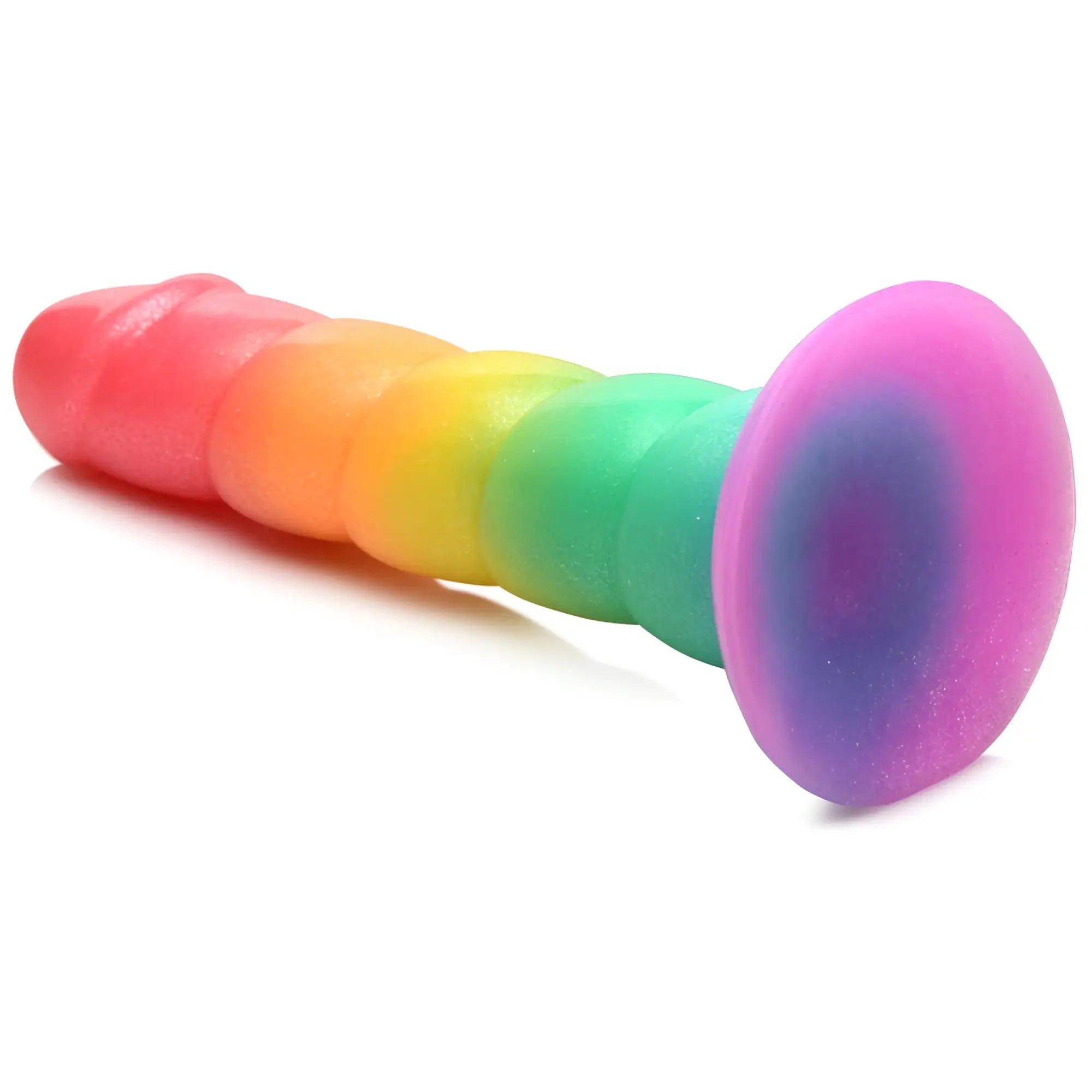 Curve Toys Swirl Rainbow silicone dildo with a spiraled, multi-colored shaft and a suction cup base on a white background.