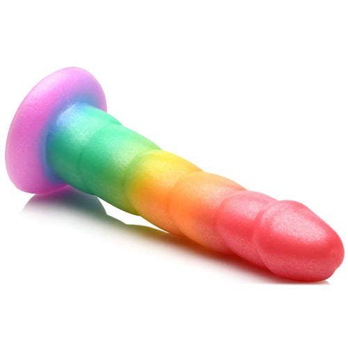 Curve Toys Swirl Rainbow silicone dildo with a sparkling, multi-colored finish and a textured, ribbed design.