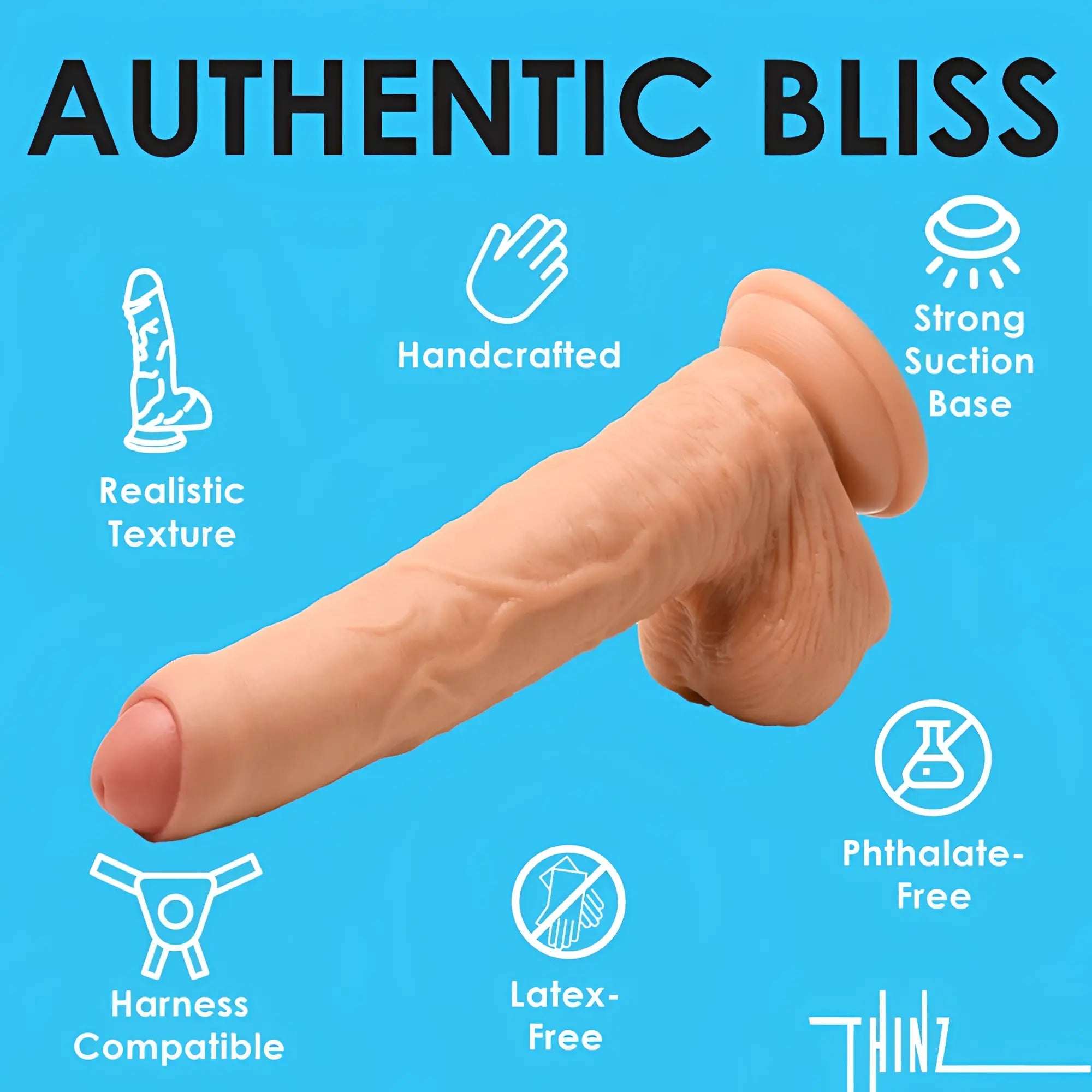 Flesh-toned Curve Toys Thinz Uncut Dildo with realistic veins, balls, and a suction base against a bright blue background.