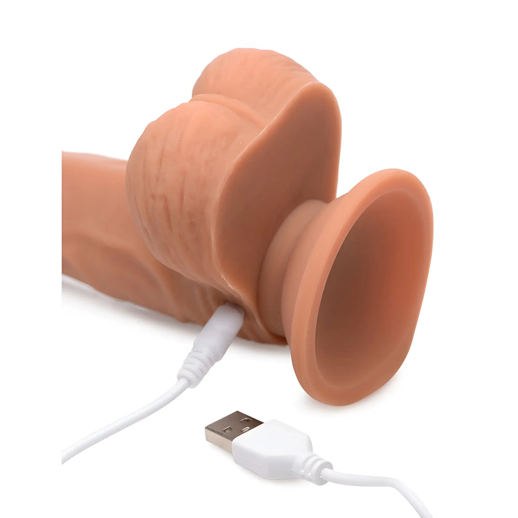 Curve Toys 8-inch realistic dildo with a beige finish, suction cup base, and an attached white USB charging cable.