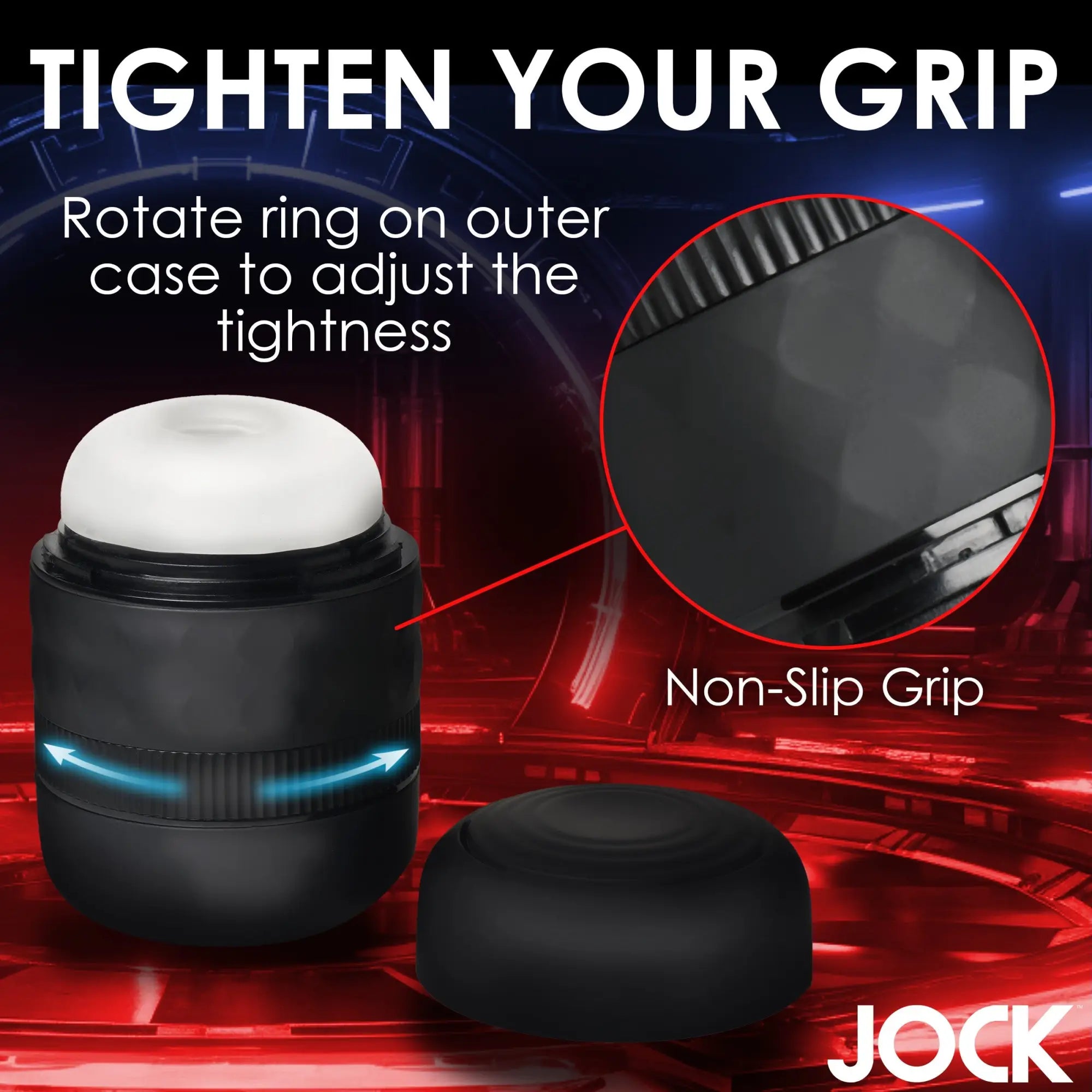 Curve Toys Tightening Masturbator: A black adjustable device with a white textured sleeve and a non-slip grip design.