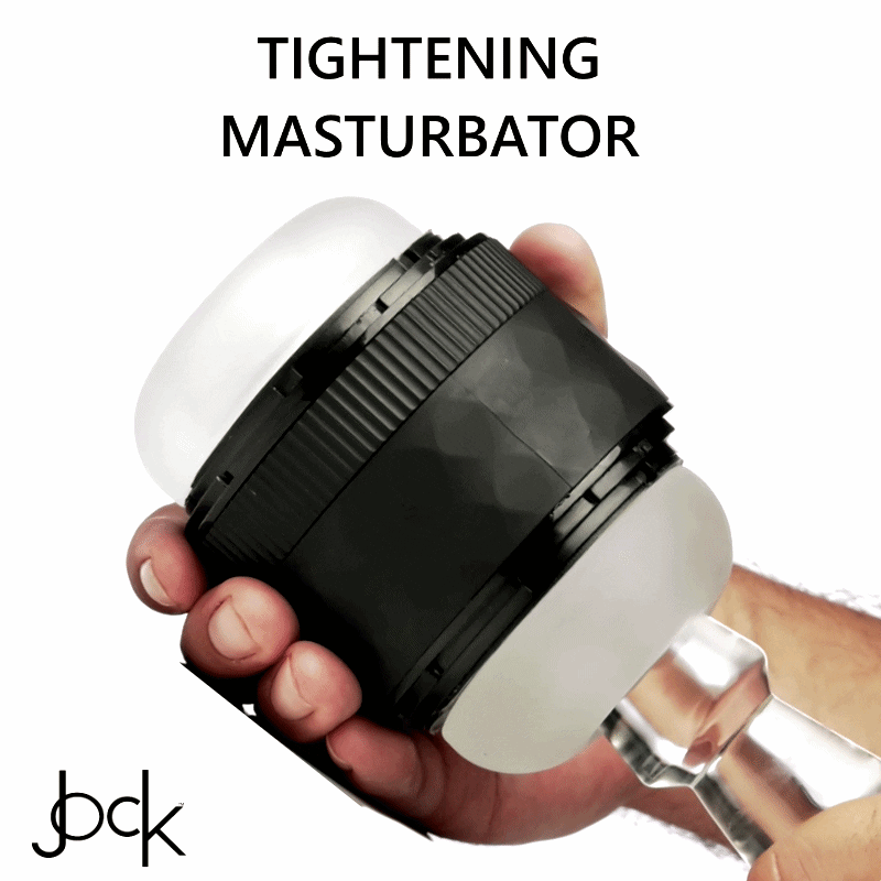 A hand holds a Curve Toys Tightening Masturbator with a black, ribbed center and white, translucent rounded ends.