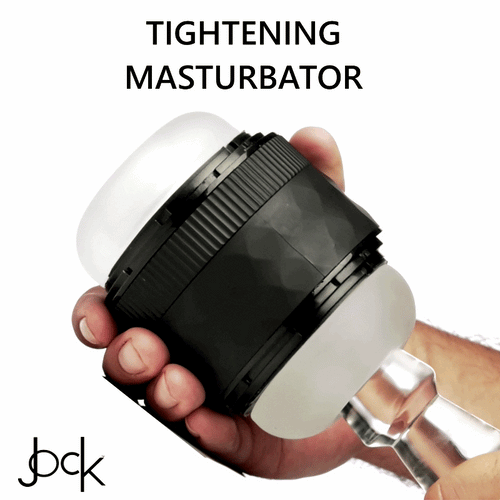 A hand holds a Curve Toys Tightening Masturbator with a black, ribbed center and white, translucent rounded ends.