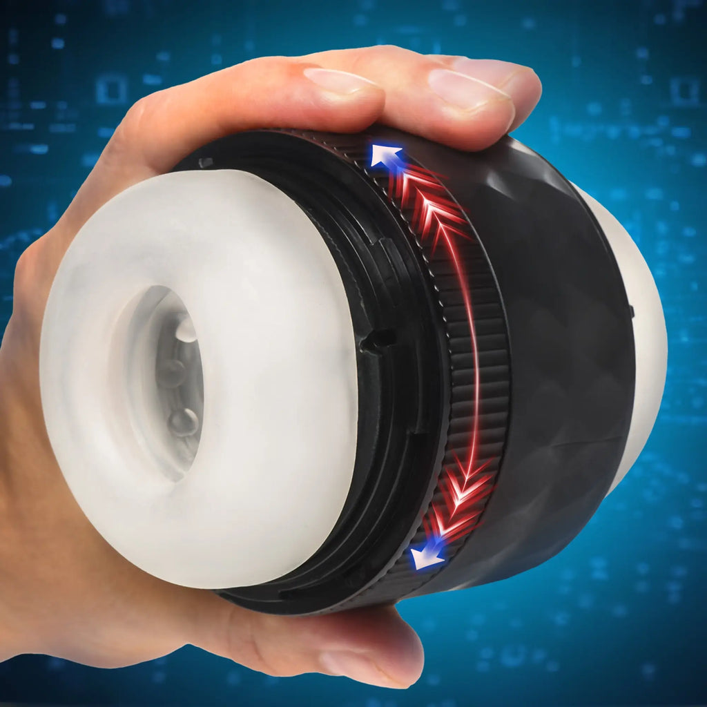Hand holding a black and white Curve Toys Tightening Masturbator, featuring directional arrows indicating a twist motion.