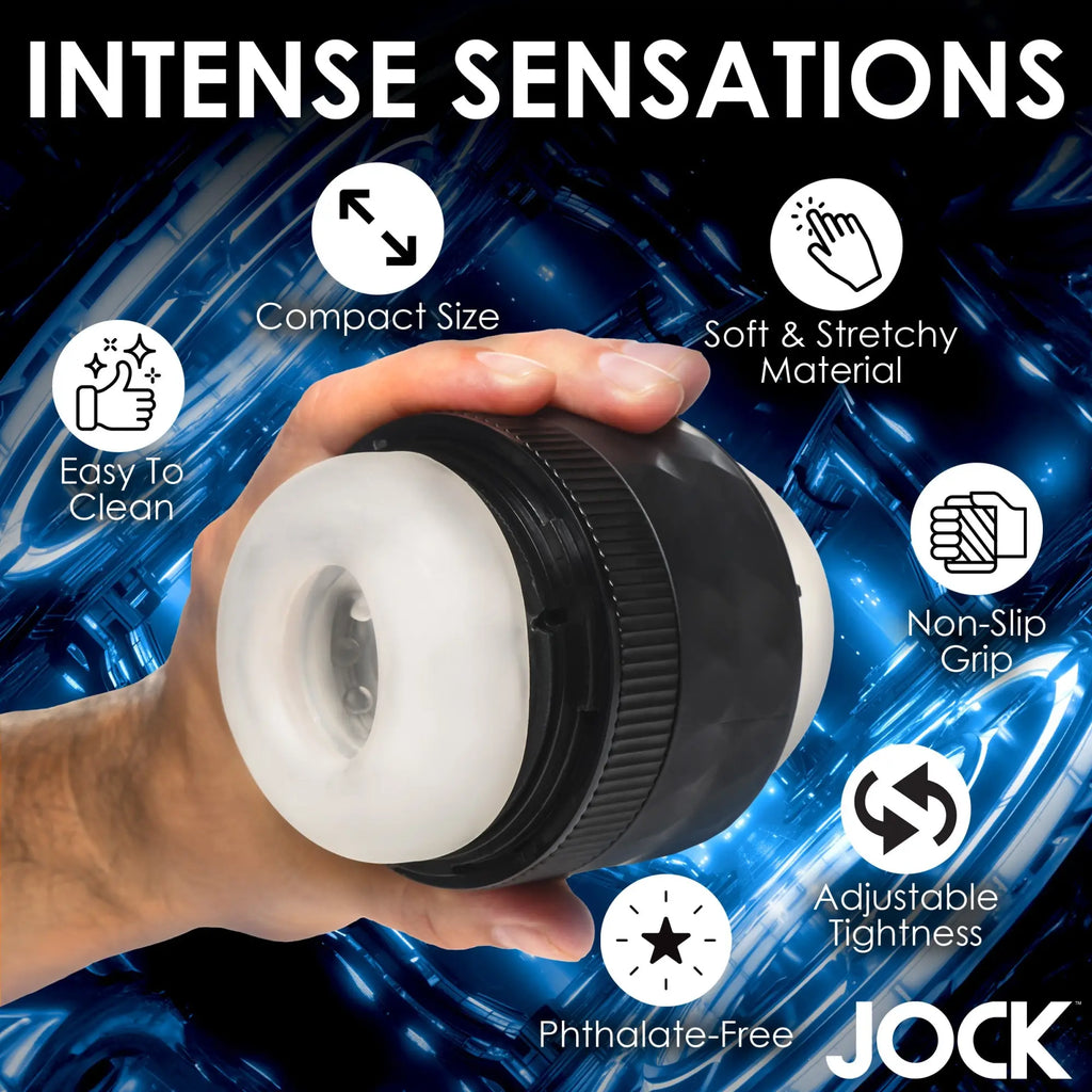 A hand holds a Curve Toys Tightening Masturbator, a black and white compact device with an adjustable grip.