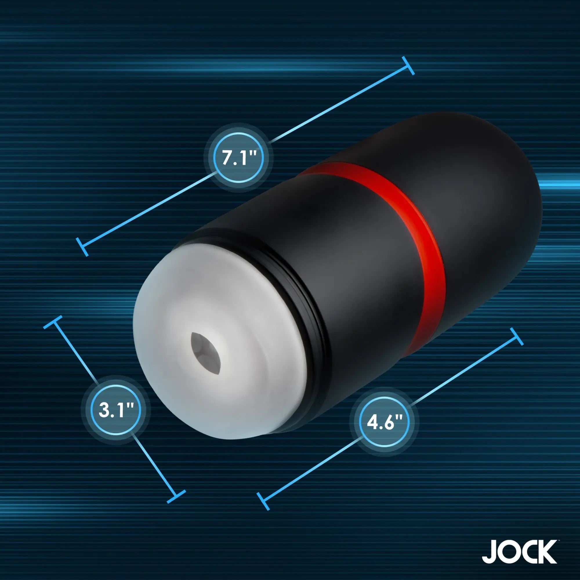 Curve Toys Tightening & Vibrating Masturbator: A black cylinder with a red ring and white silicone sleeve with dimensions.