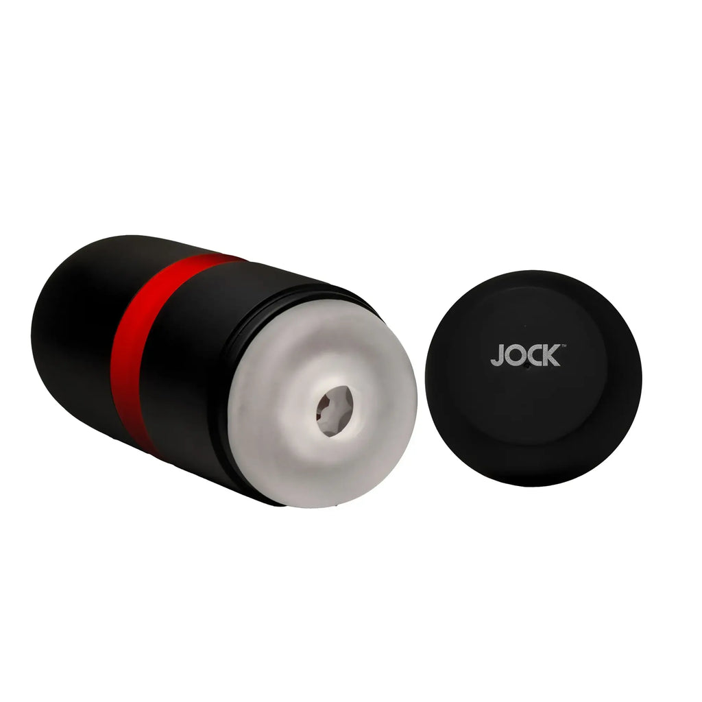 Curve Toys Tightening & Vibrating Masturbator: A black cylinder with a red ring, white sleeve, and matching JOCK cap.