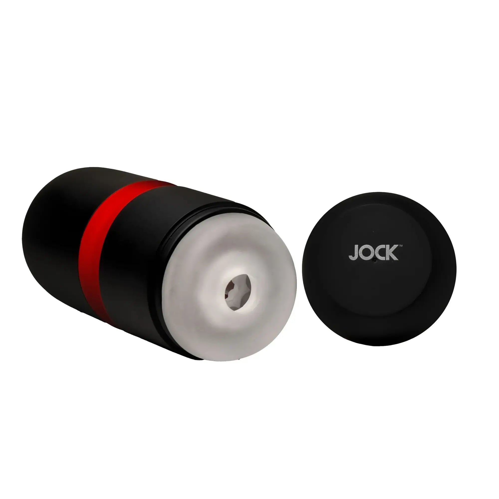 Curve Toys Tightening & Vibrating Masturbator: A black cylinder with a red ring, white sleeve, and matching JOCK cap.