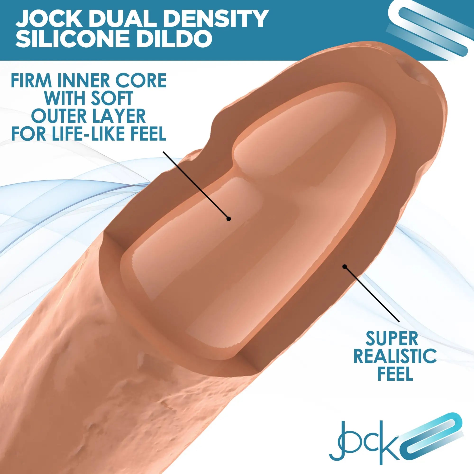 Curve Toys Dual Density Dildo: A cross-section view showing a firm inner core and soft, realistic tan silicone texture.