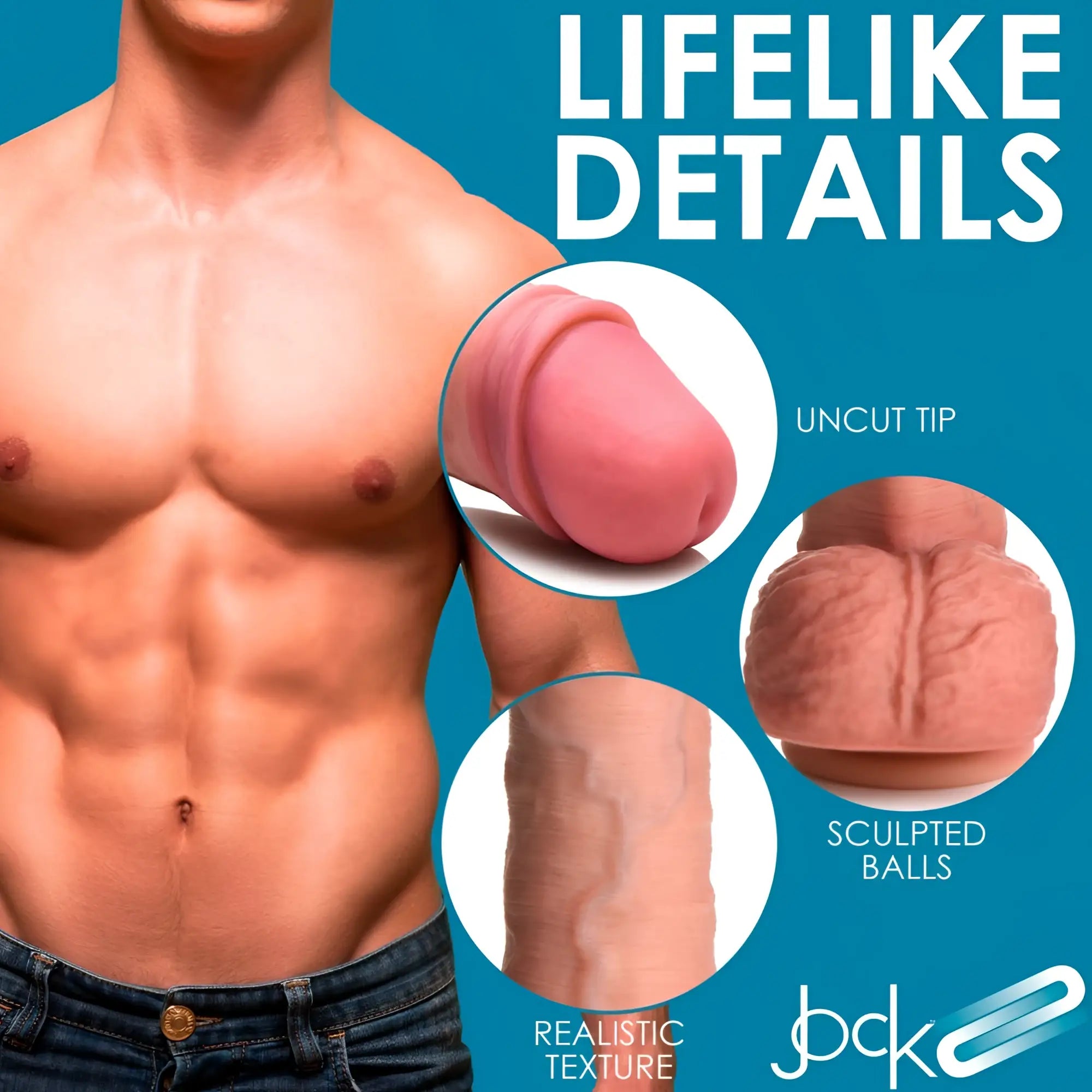 Curve Toys Uncut Dual Density Silicone Dildo with realistic texture, uncut tip, and sculpted balls against blue background.