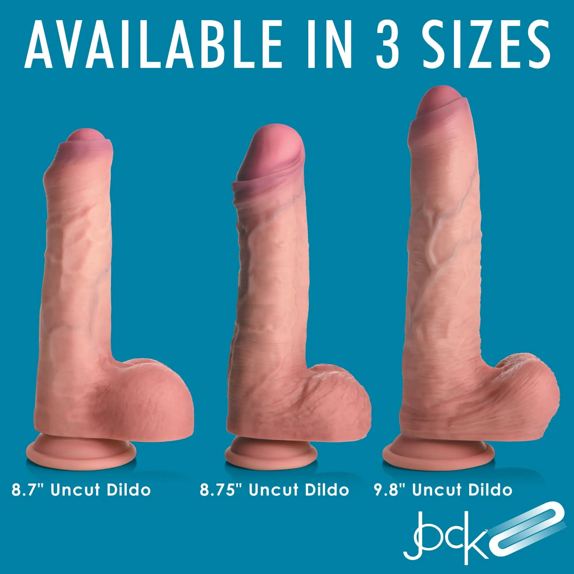 Three flesh-toned Curve Toys dual density silicone dildos with realistic veining and balls in 8.7", 8.75", and 9.8".