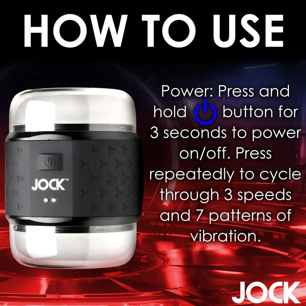 Curve Toys Vibrating Double Stroker with a black, textured center band and clear ends, showing operation instructions.