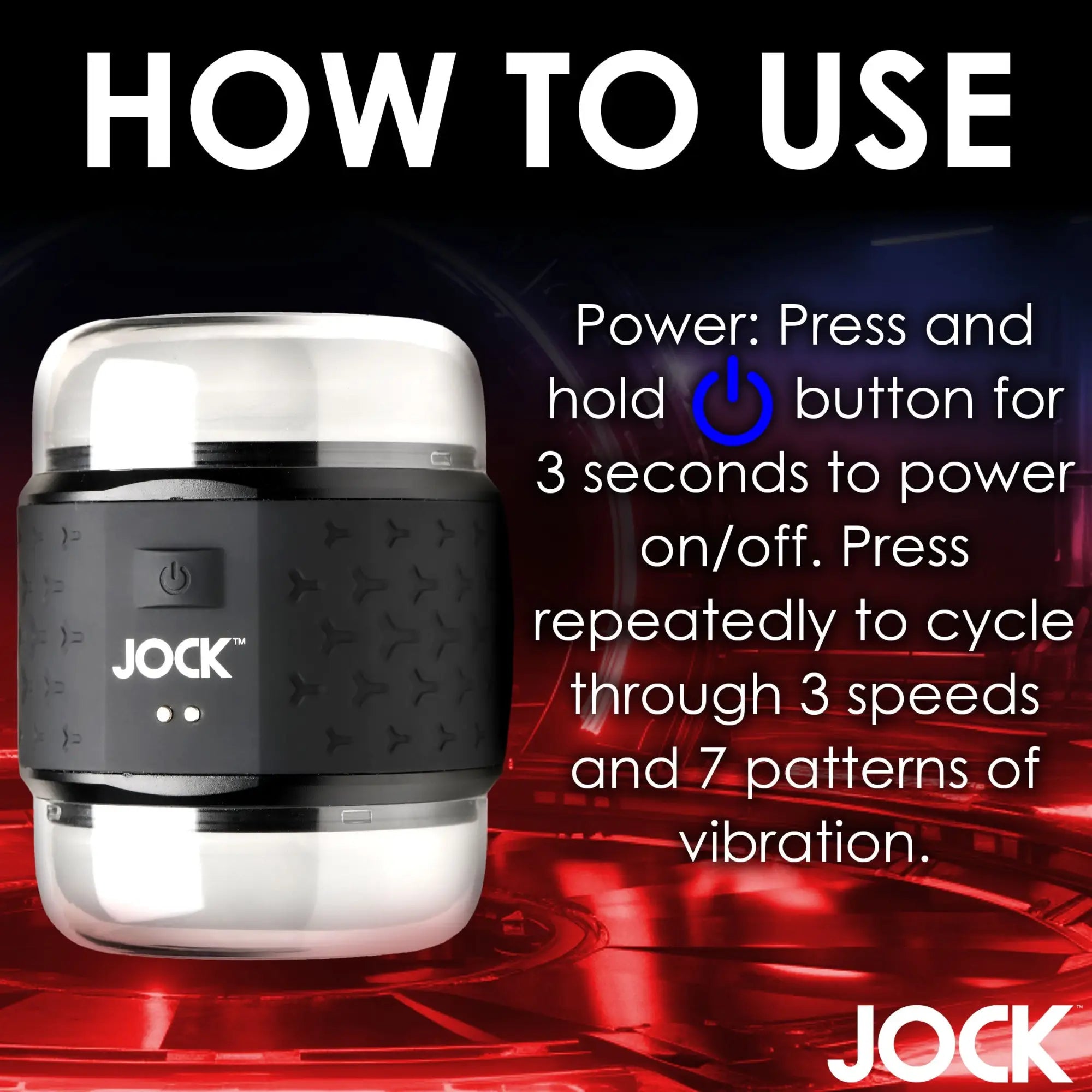 Curve Toys Vibrating Double Stroker with a black, textured center band and clear ends, showing operation instructions.