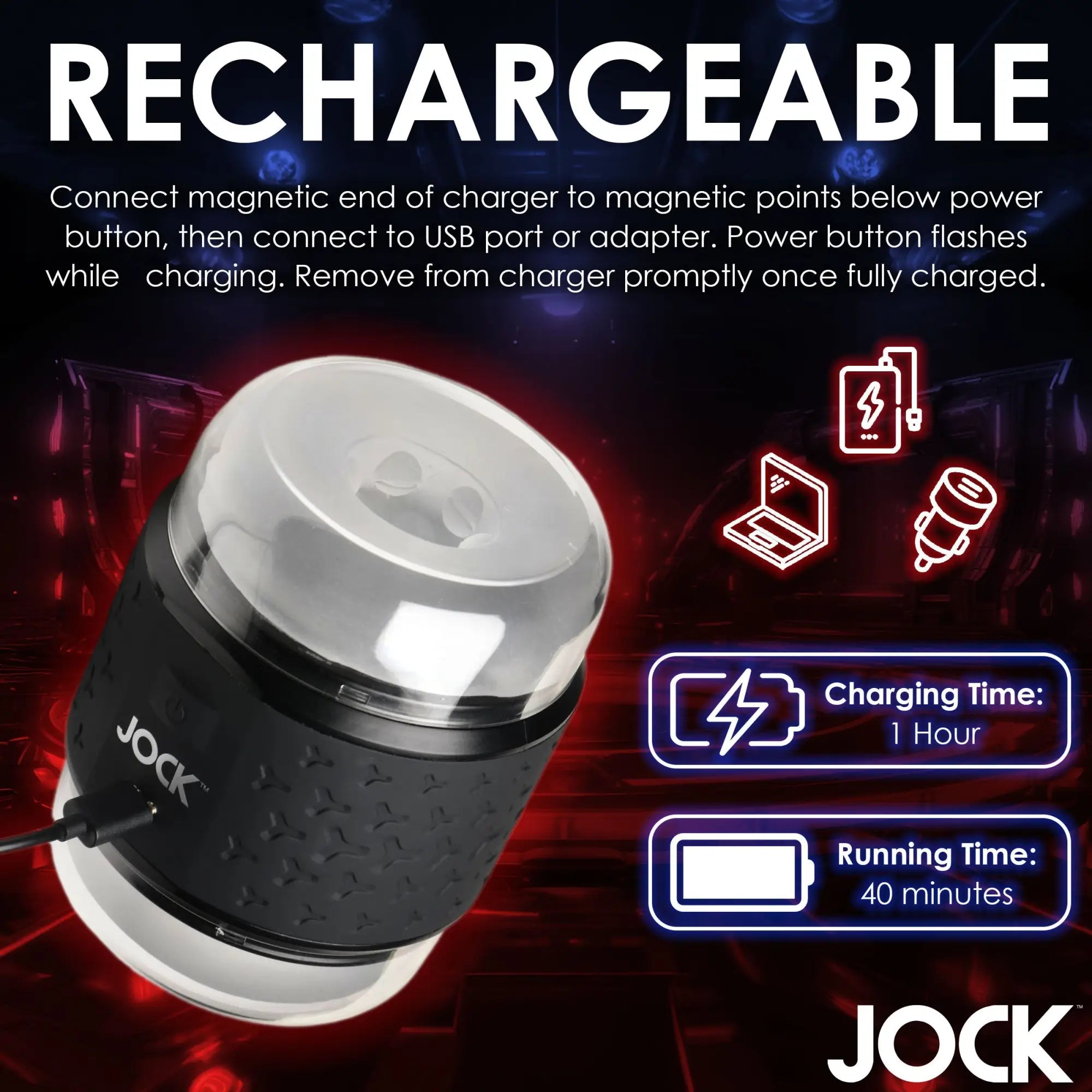 Curve Toys Vibrating Double Stroker with black textured body and clear caps, shown with magnetic charging cable.