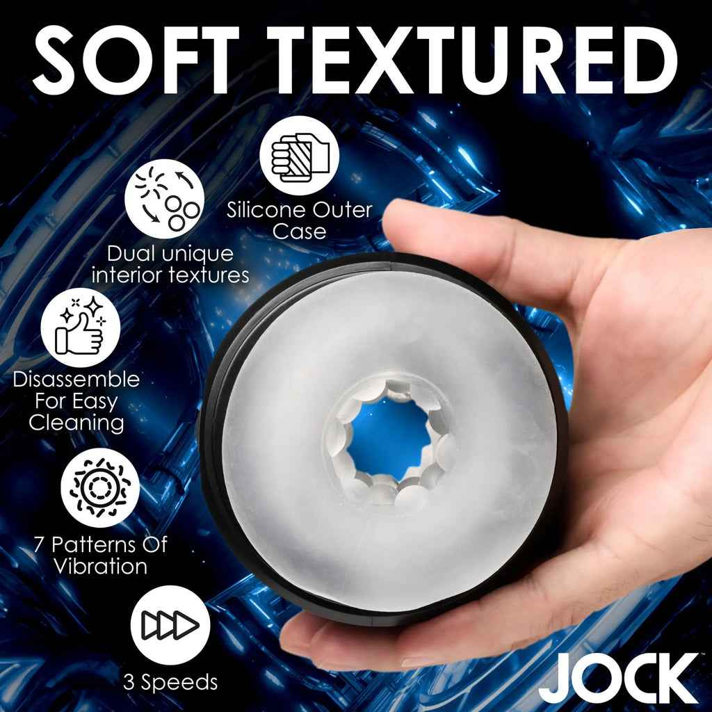 Curve Toys Vibrating Double Stroker with a black silicone case, translucent textured sleeve, and 7 vibration patterns.