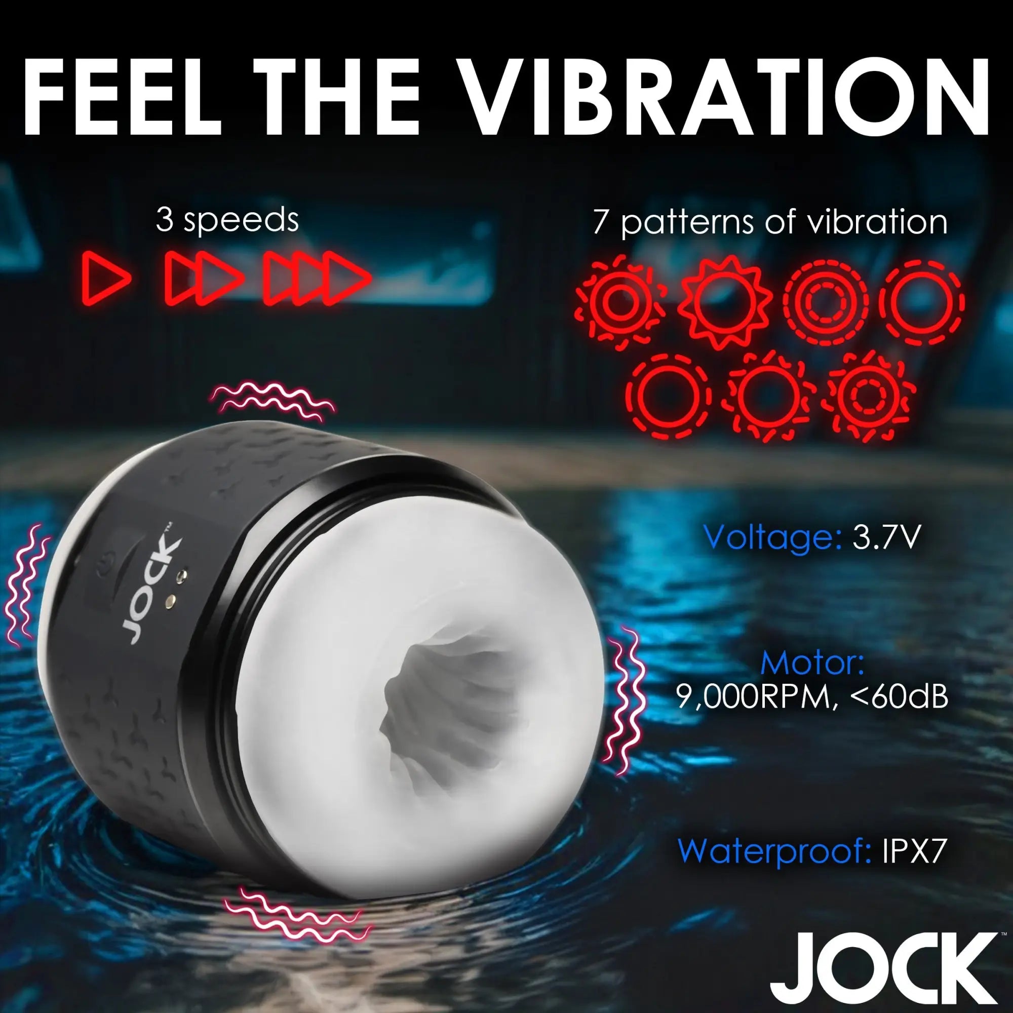 Curve Toys Vibrating Double Stroker: a black, textured device with a white interior, showing vibration settings.