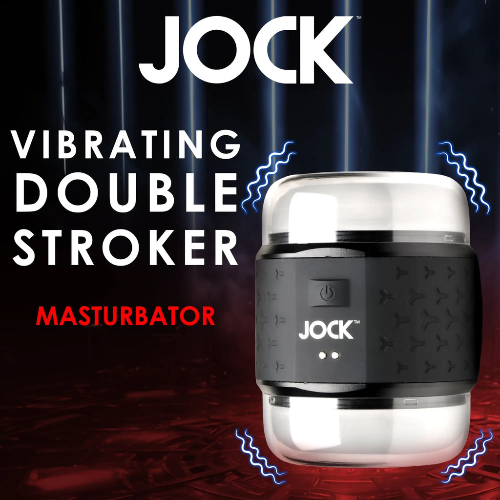 JOCK Vibrating Double Stroker: A cylindrical, black-and-clear device with a textured grip, power button, and logo.