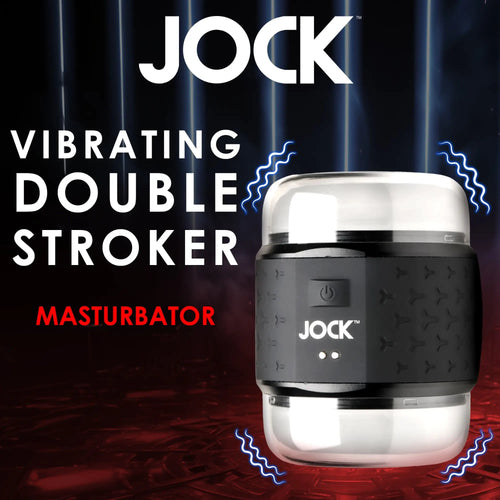 JOCK Vibrating Double Stroker: A cylindrical, black-and-clear device with a textured grip, power button, and logo.