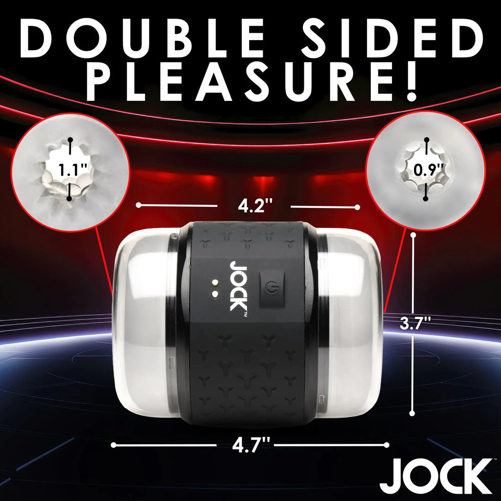 Curve Toys Vibrating Double Stroker with a black center grip and clear textured sleeves on both ends with dimensions.