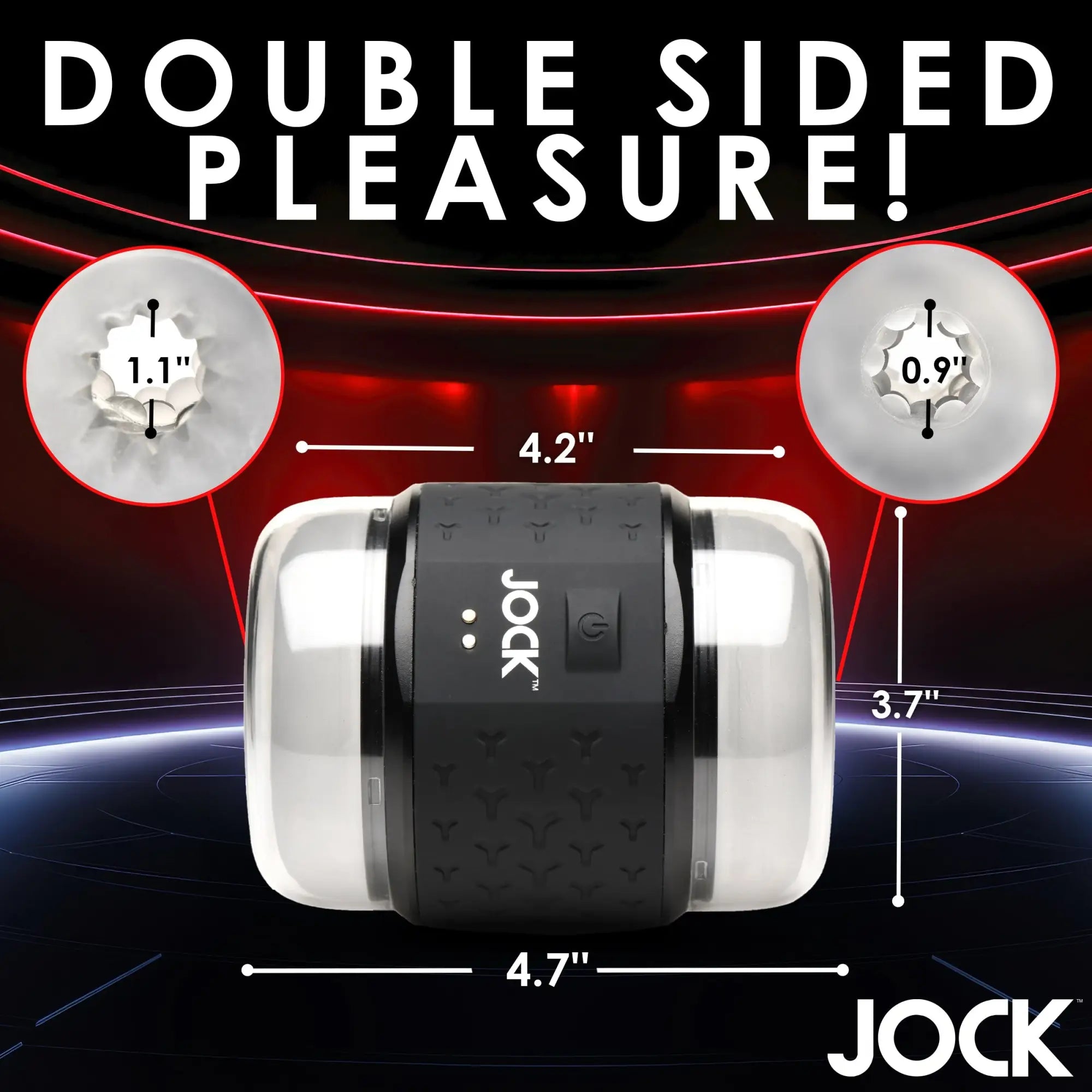 Curve Toys Vibrating Double Stroker with a black center grip and clear textured sleeves on both ends with dimensions.