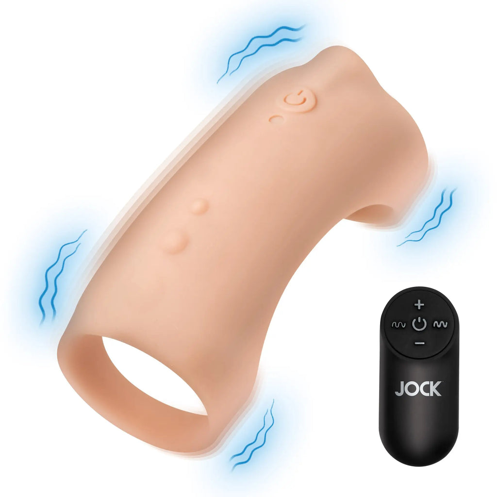Beige silicone Curve Toys vibrating penis sleeve with control buttons, shown vibrating, next to a black JOCK remote.