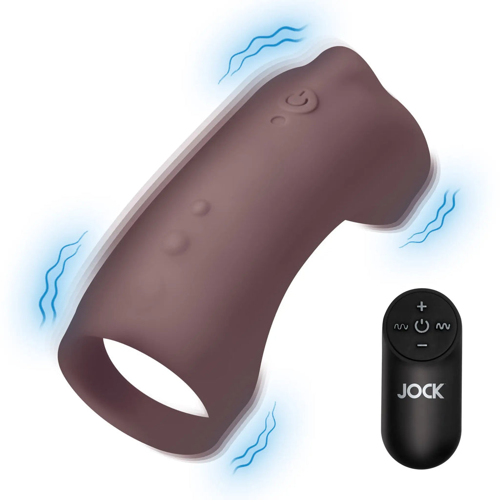 Curve Toys brown silicone vibrating penis sleeve with motion effects and a matching black handheld remote control.