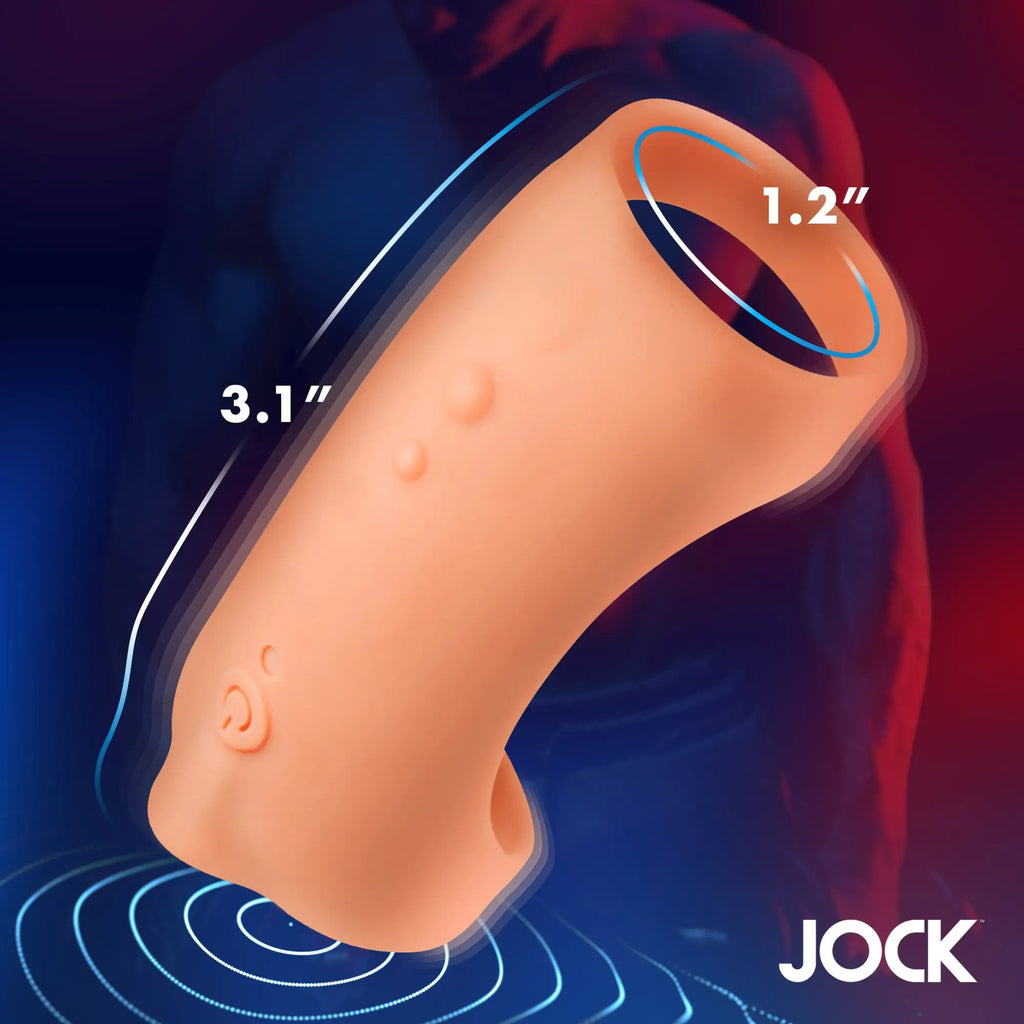Curve Toys vibrating silicone penis sleeve in peach, featuring a curved design with labeled dimensions and power button.