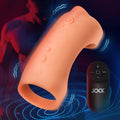 Curve Toys Vibrating Silicone Penis Sleeve in peach with a black handheld remote, set against a dark background.