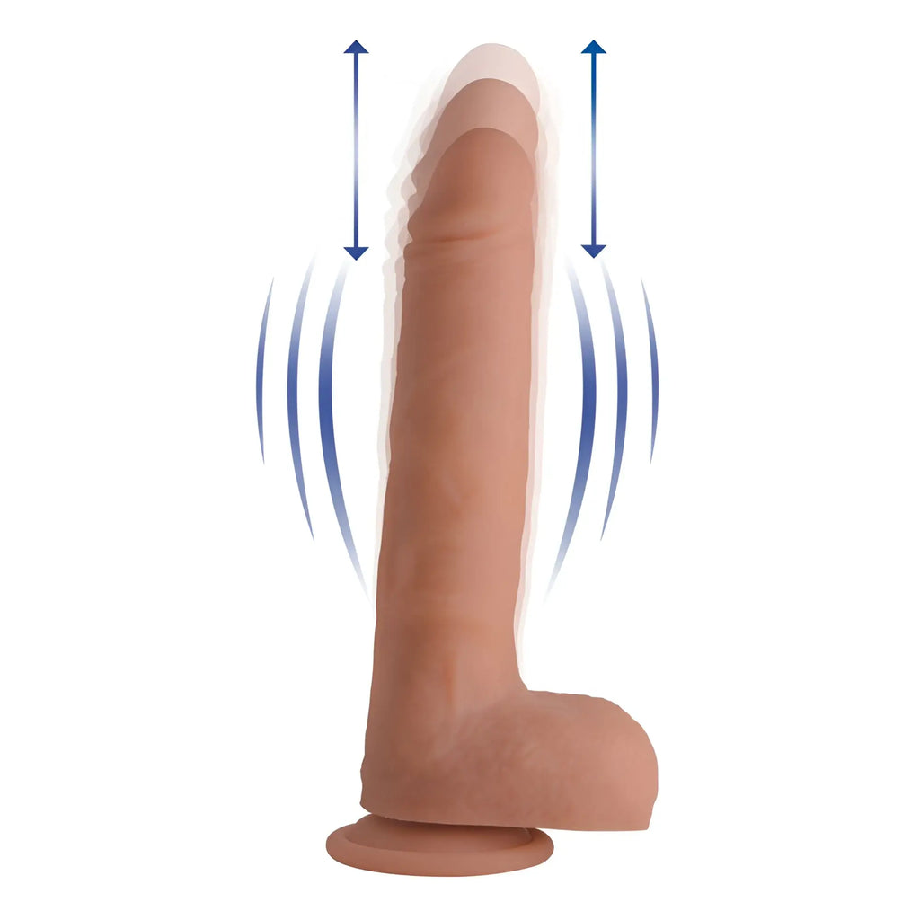 Curve Toys silicone dildo in tan, featuring a suction base and blue motion icons indicating vibrating and thrusting action.