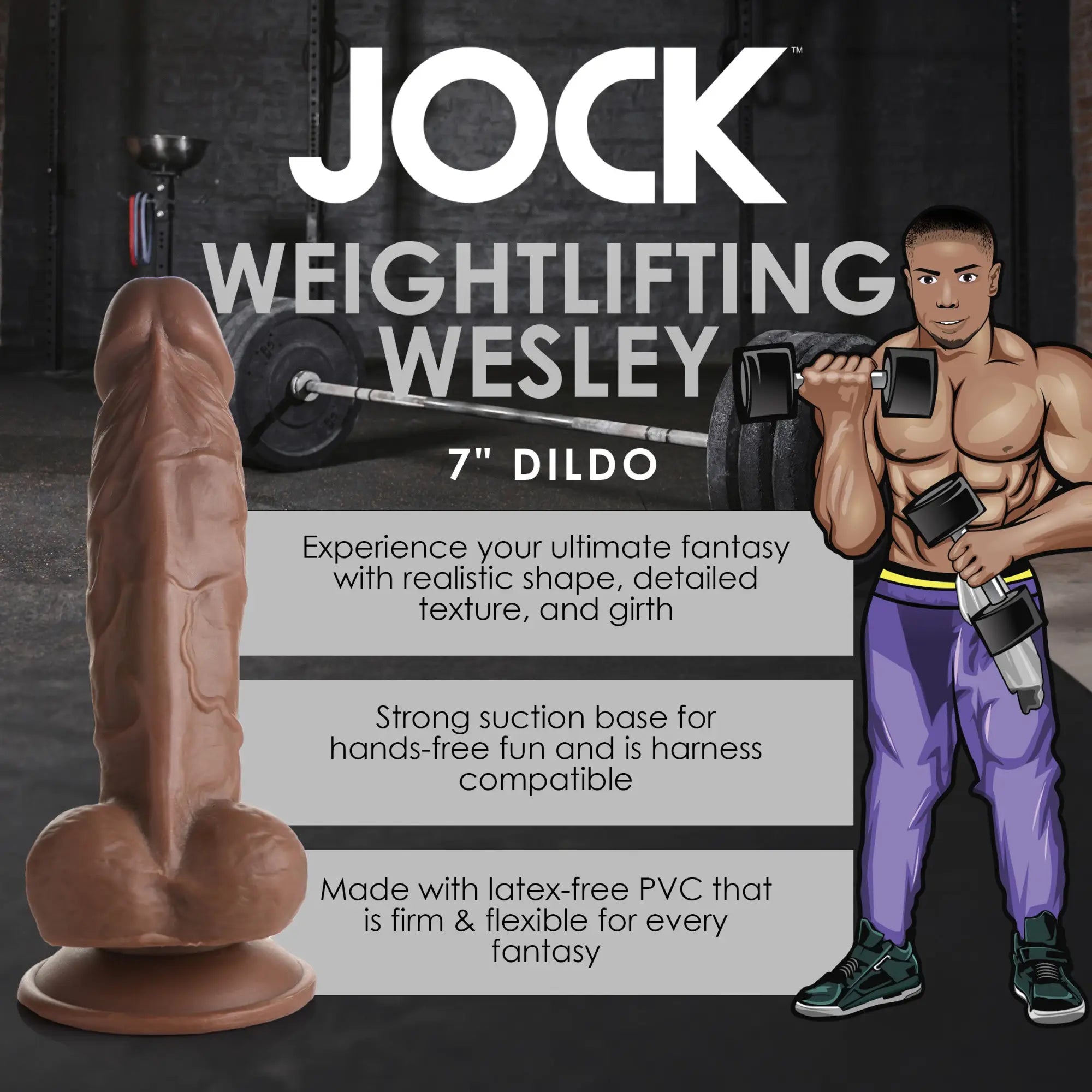 Curve Toys Weightlifting Wesley 7-inch brown, realistic textured dildo with a suction cup base, shown on product packaging.