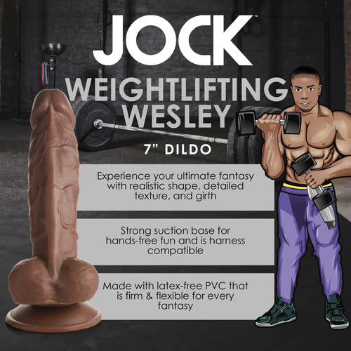 Curve Toys Weightlifting Wesley 7-inch brown, realistic textured dildo with a suction cup base, shown on product packaging.
