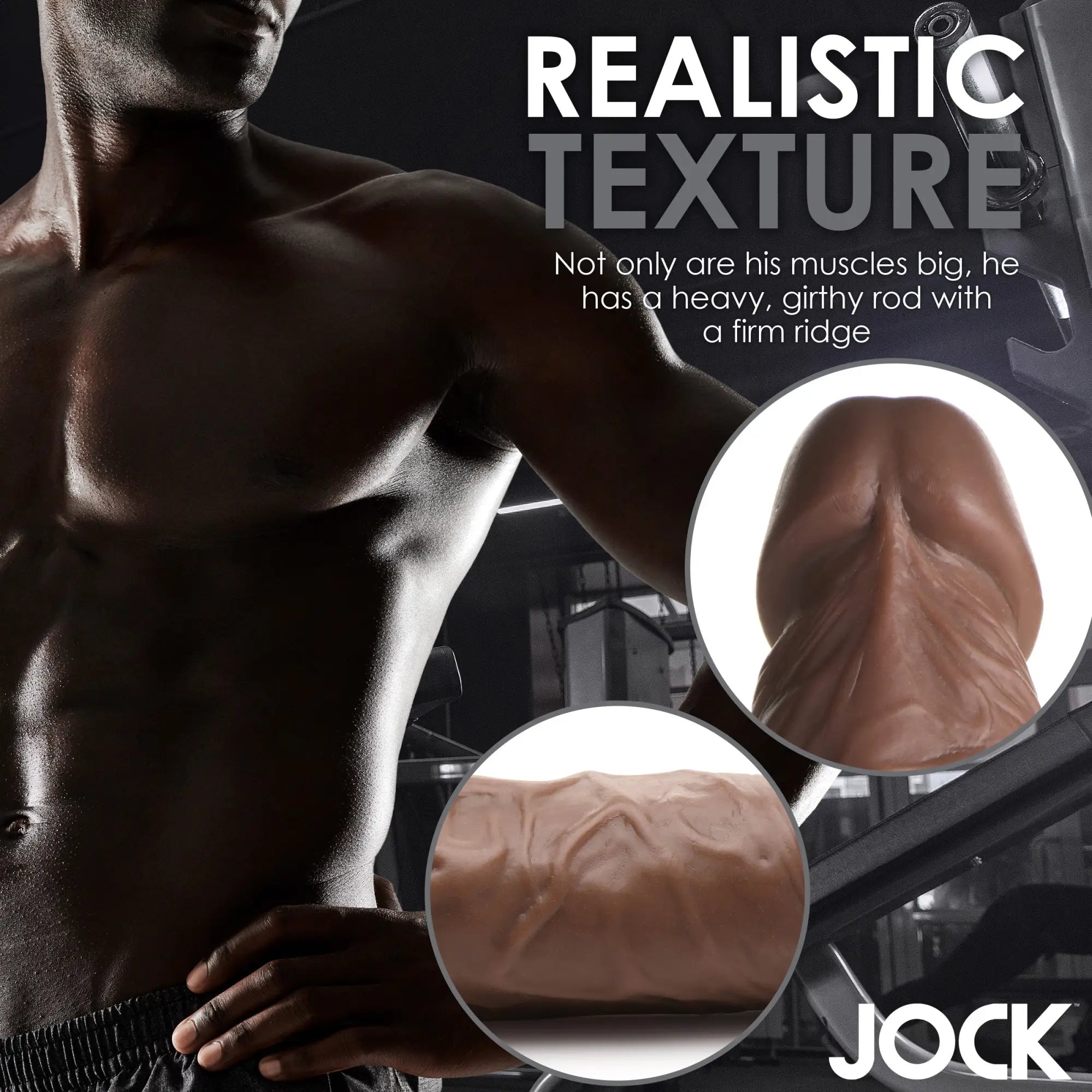 Curve Toys Weightlifting Wesley 7-inch brown dildo featuring realistic, veiny, textured detail in a gym-themed ad.