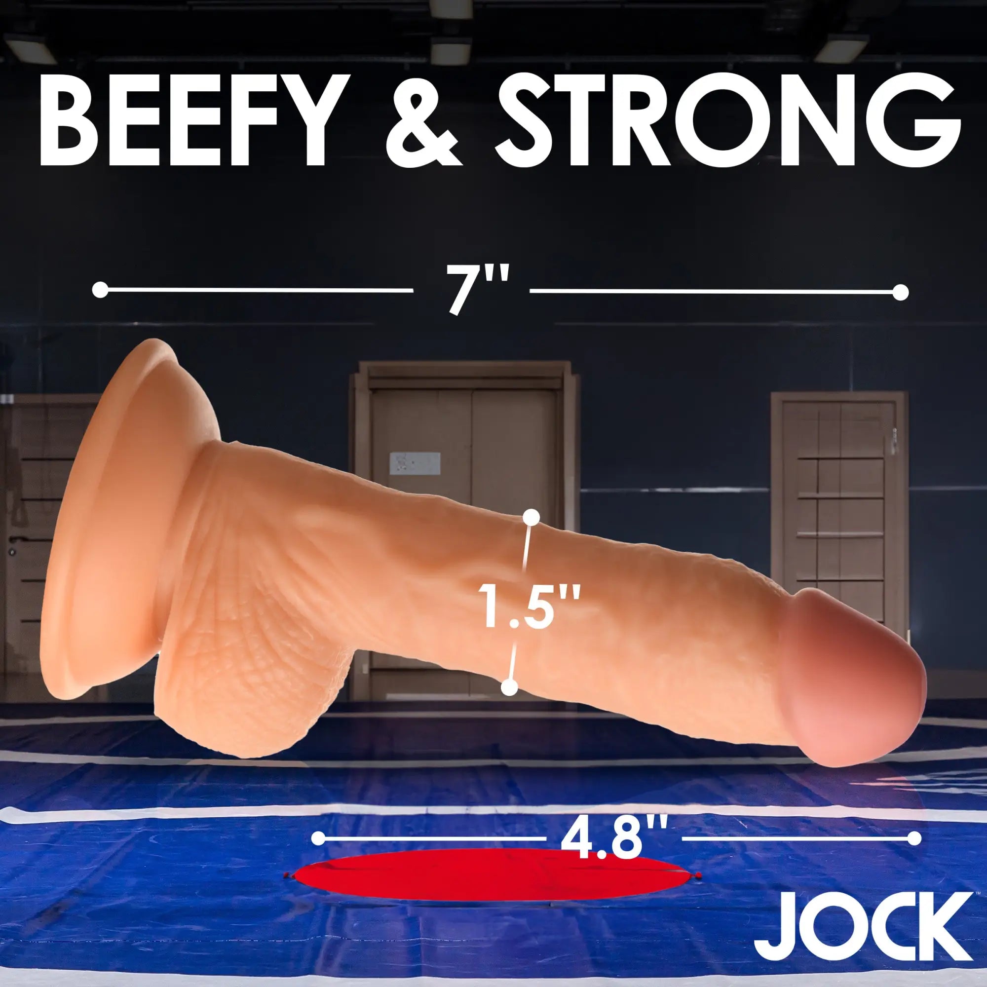 Curve Toys Wrestling Wayne 7-inch tan, realistic textured dildo with a suction cup base against a wrestling mat backdrop.