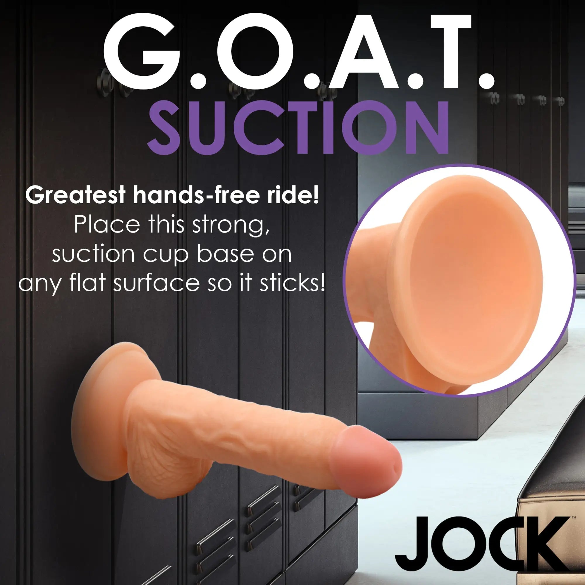 Curve Toys Wrestling Wayne 7-inch dildo in tan, shown with a strong suction cup base attached to a locker door.