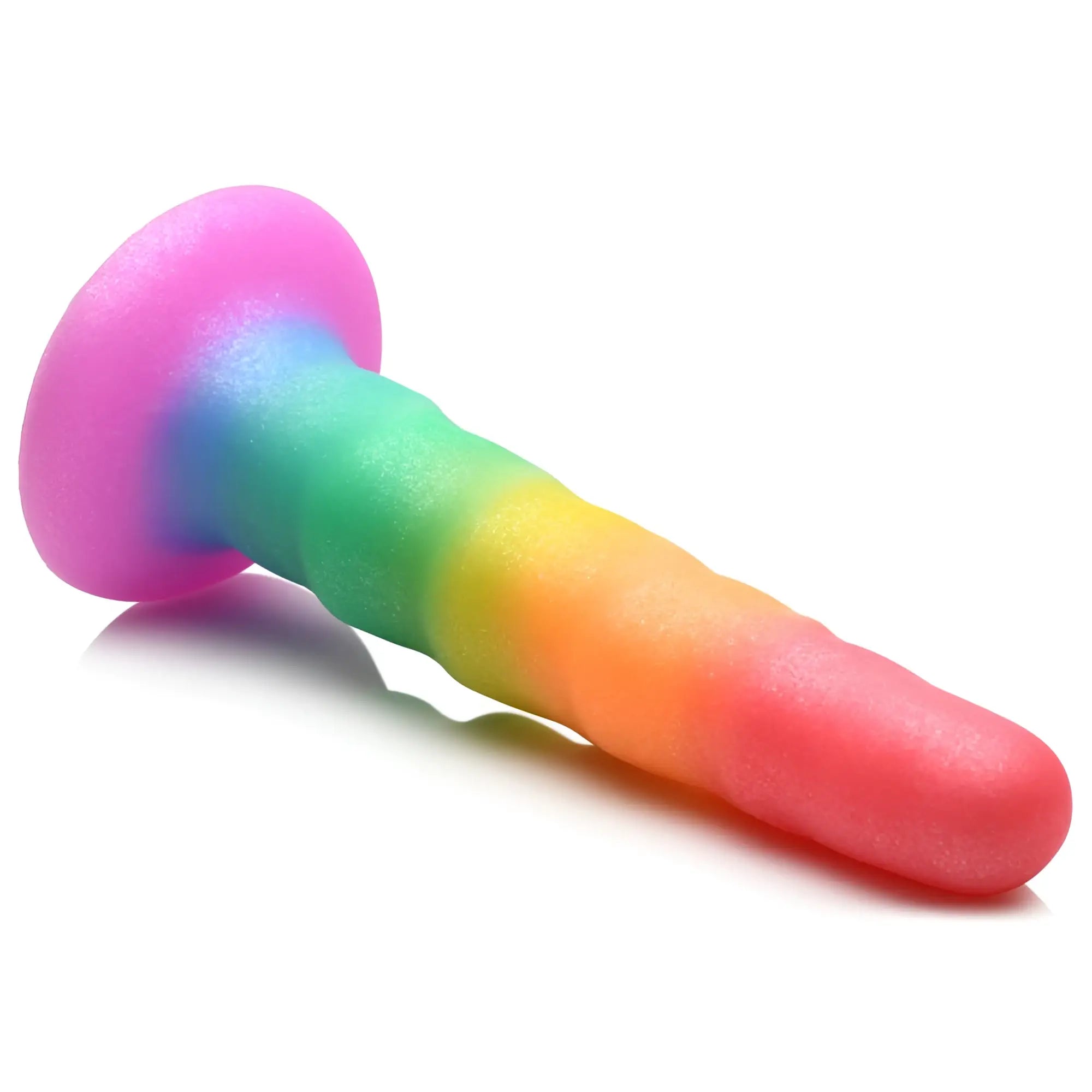 Curve Toys Zigzag rainbow silicone dildo featuring a glittery, gradient-colored, textured shaft and a suction base.