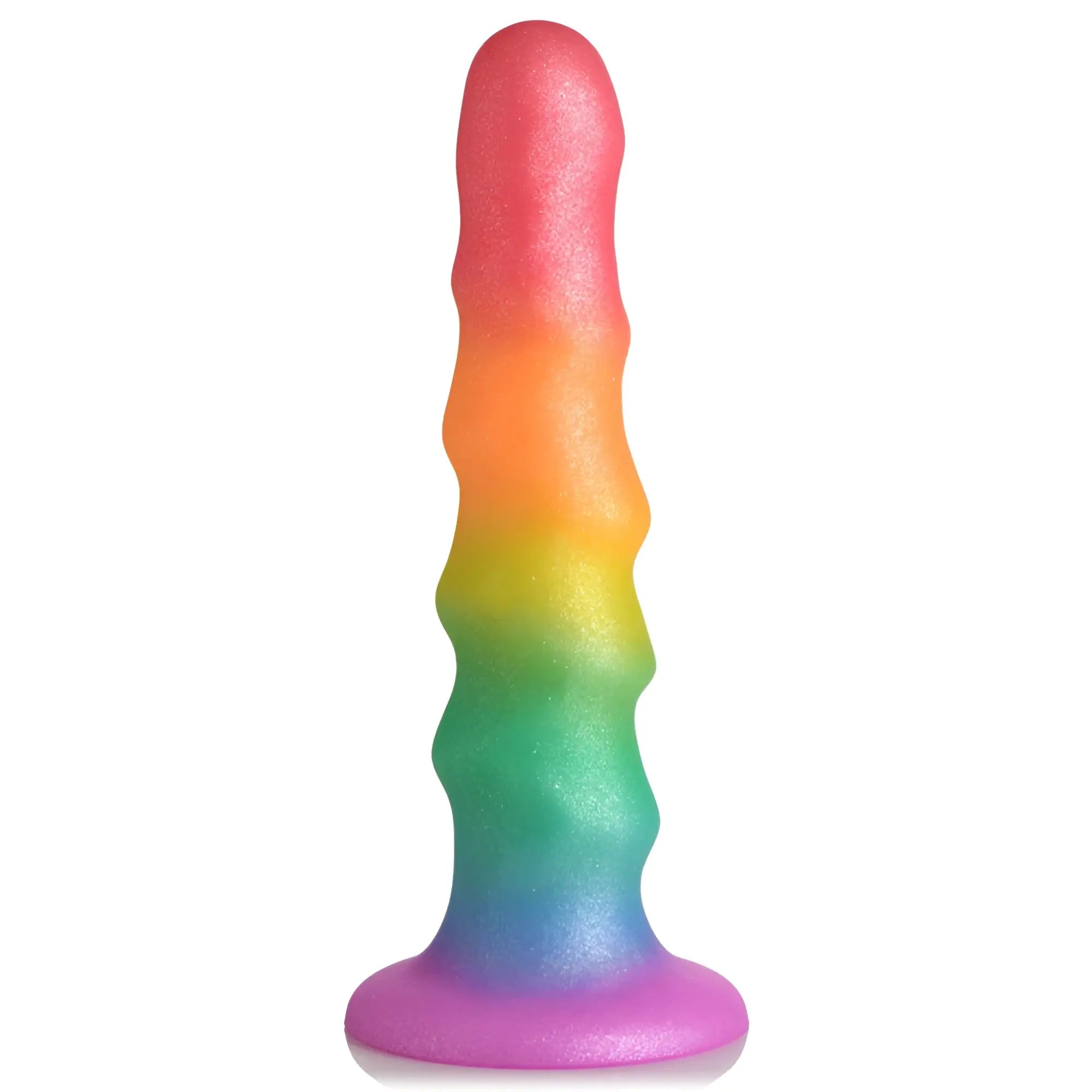 Curve Toys Zigzag Rainbow silicone dildo with a sparkly, gradient-colored, textured, undulating phallic shape.