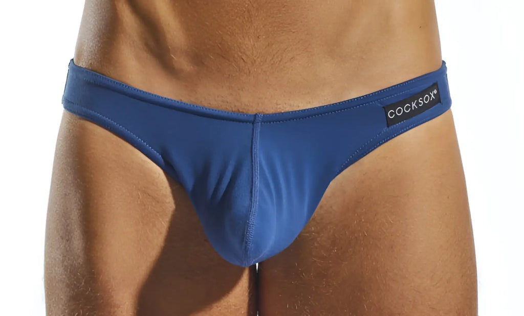 Blue cocksock men’s briefs cx01 brief with black brand label showing front side in soft fabric