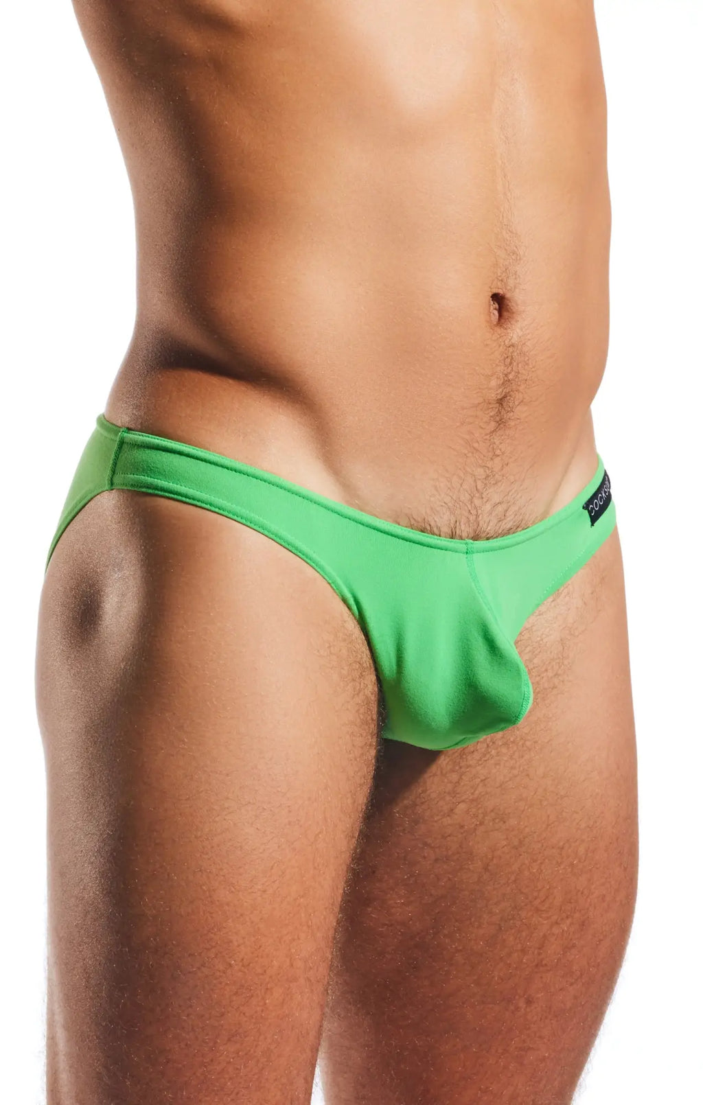 Bright green cx01 brief swim trunks with elastic waistband and distinctive cut for a form-fitting look
