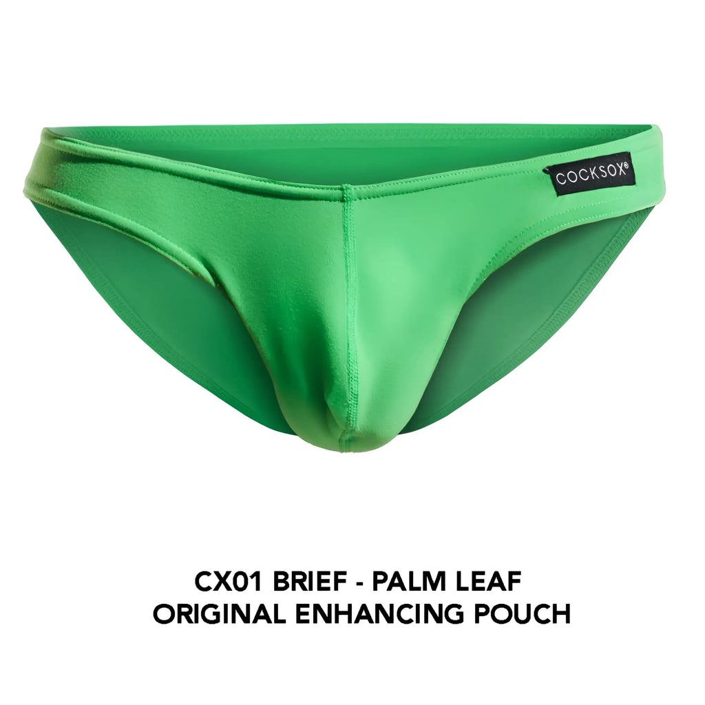 Vibrant green cocksox cx01 brief with palm leaf design and original enhancing pouch for comfortable support