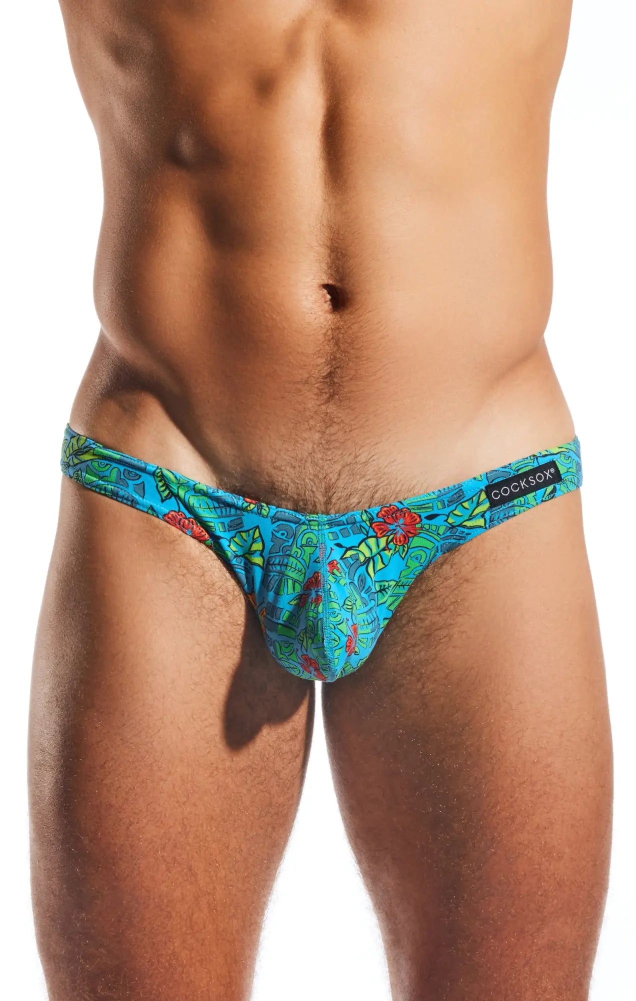 Vibrant turquoise tropical print thong cx01 brief by cocksox made of soft fabric for comfortable tropical wear