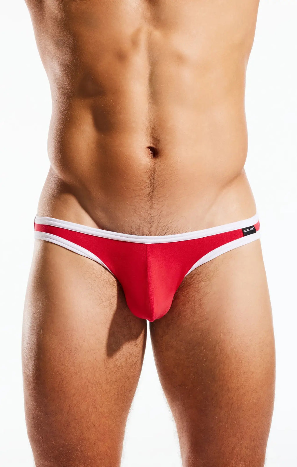 Red and white cx01bb brief thong with sleek minimalist design showing front side in soft fabric