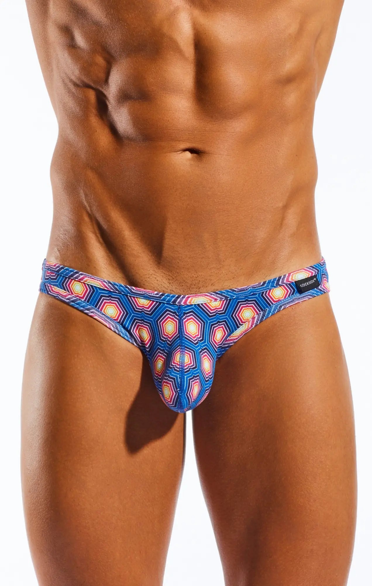 Blue patterned cx01bd brief thong with geometric hexagonal design in pink white and orange shades