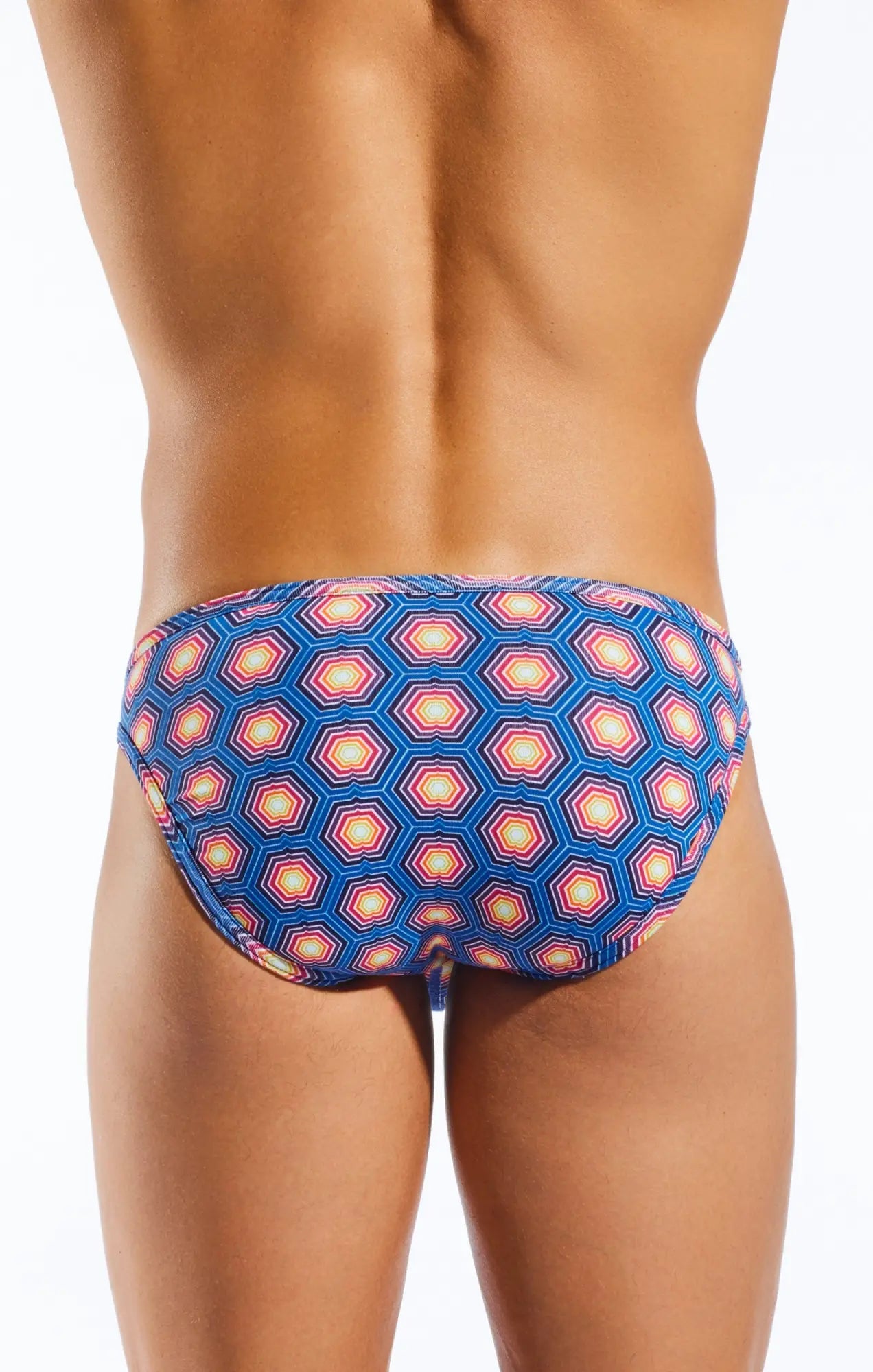 Blue cx01bd brief swim trunks with bold pink white and orange hexagon geometric pattern for beachwear