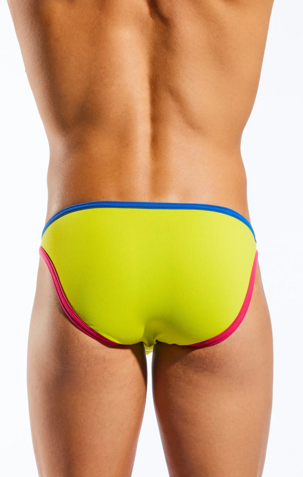 Vibrant neon yellow cx01bd brief swim trunks with bold blue and pink trim for stylish beachwear use