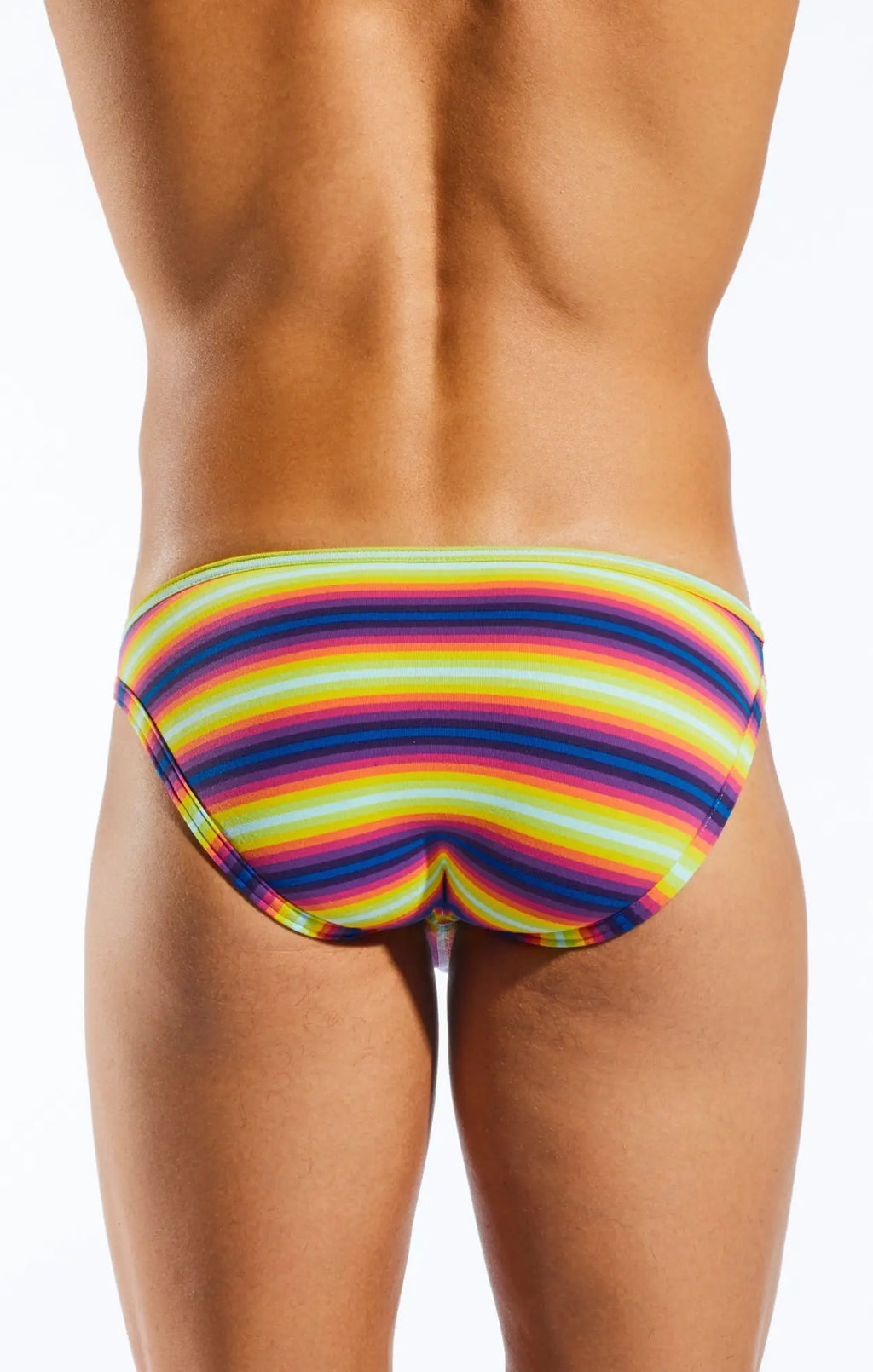 Cx01bd brief swim trunks with vibrant rainbow stripes and a snug tailored fit perfect for swimming and beachwear