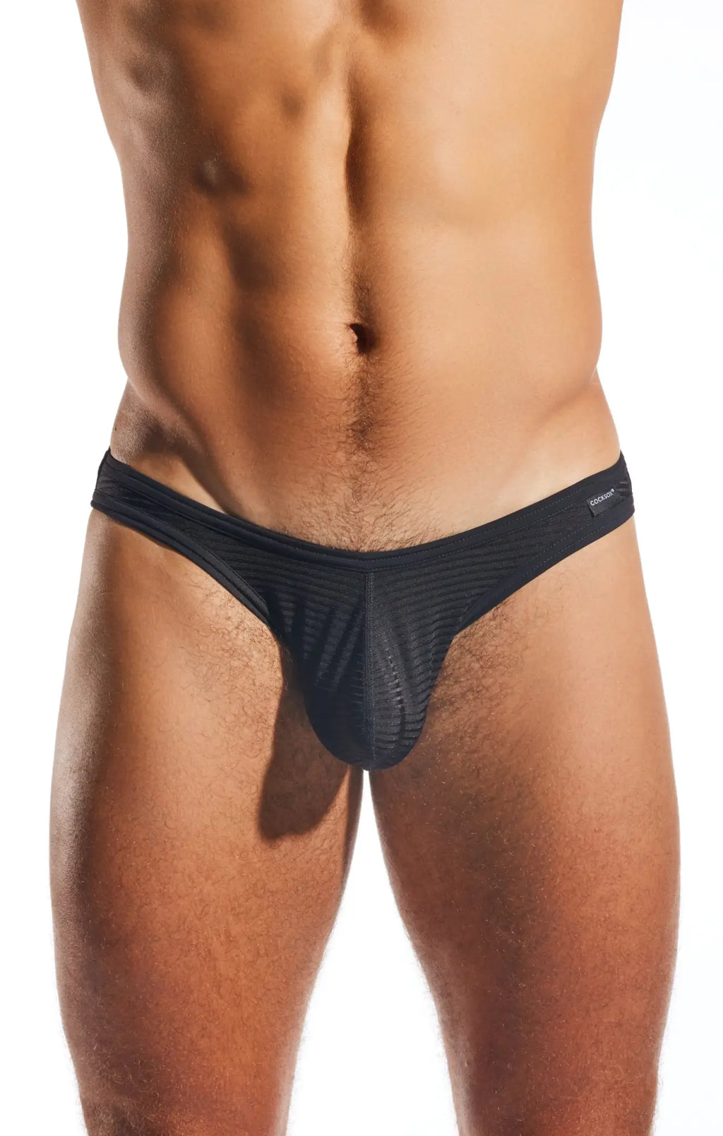 Black mesh cx01lux semi-sheer briefs with contoured design and subtle branding on the waistband