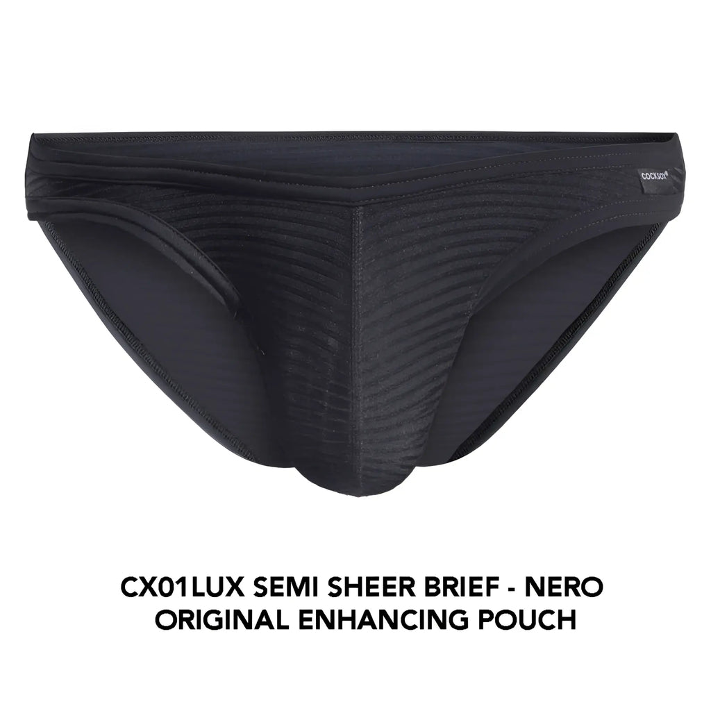 Black cx01lux semi sheer brief with ribbed texture and original enhancing pouch for comfortable fit