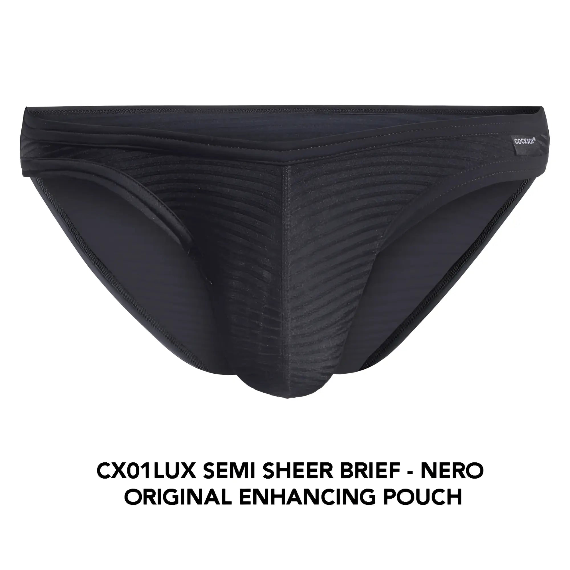 Black cx01lux semi sheer brief with ribbed texture and original enhancing pouch for comfortable fit